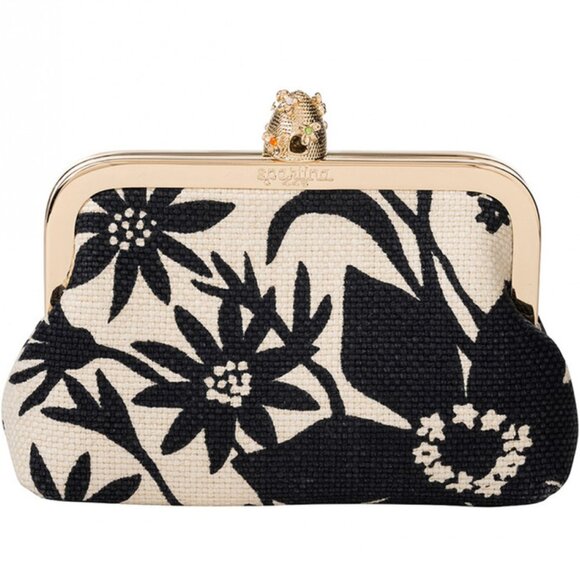 Spartina 449 Handbags - Spartina 449 Bee Kiss Lock Coin Purse Woven Linen Clutch Black Cream